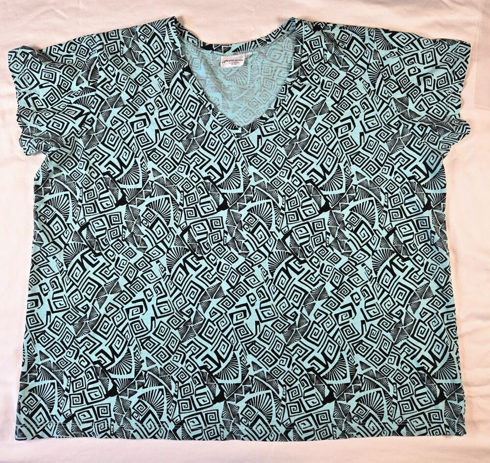 Prairie Cotton Femme T-Shirt Size 1X Blue Black Geometric Short Sleeve